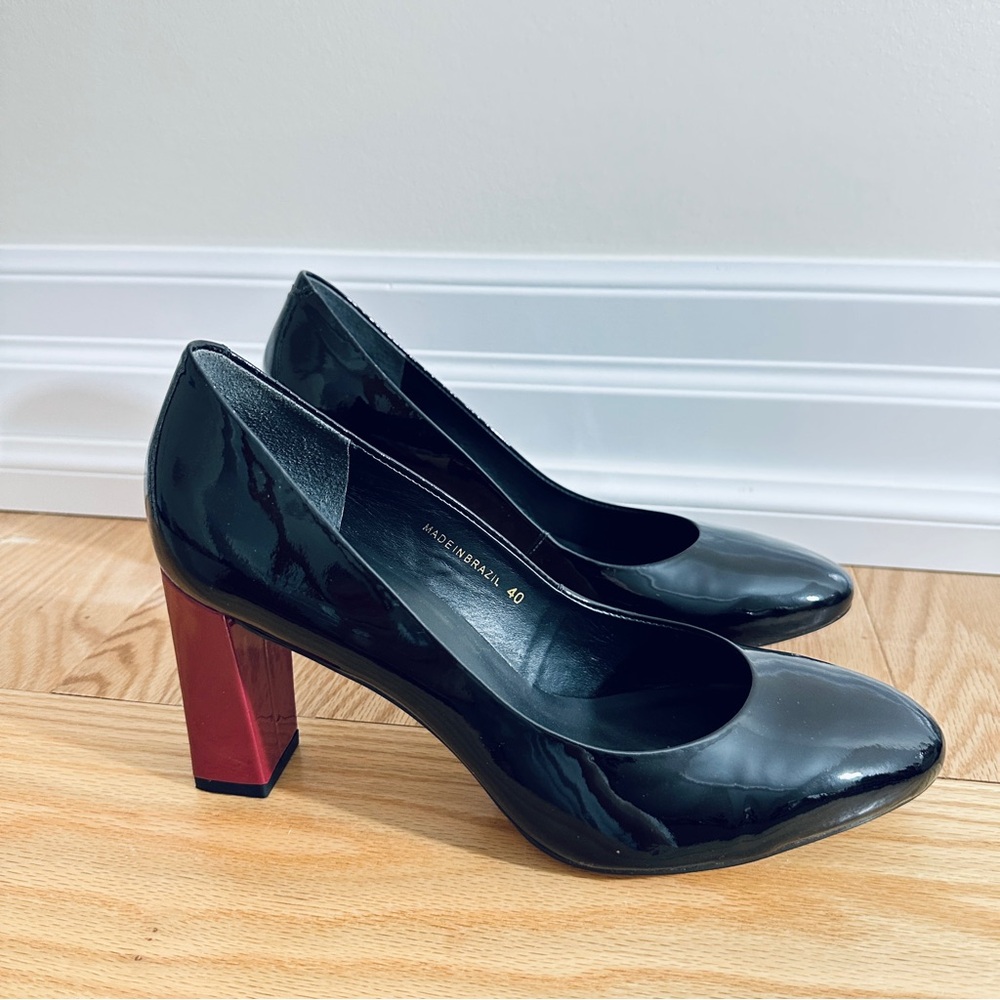 Black and Red Block Heel Pumps with Pointed Toe - Picture 4 of 7